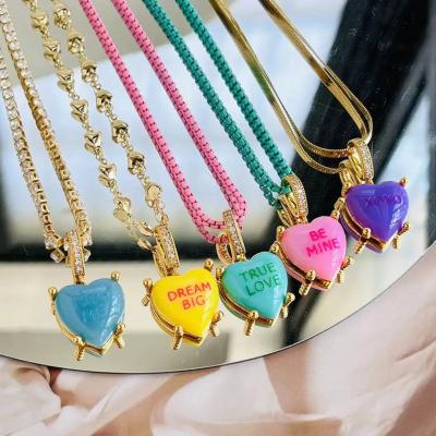 China TRENDY Colorful Heart Pendant Trendy English Words Resin Love Heart Zircon Charm Clavicle Chains Necklace for Women Y2K Fashion Jewelry for sale