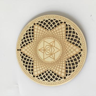 China Religious Wooden Laser Cut and Laser Engraved OM Symbol with Geometric Flower Religious Symbol Crafts Ornaments for sale