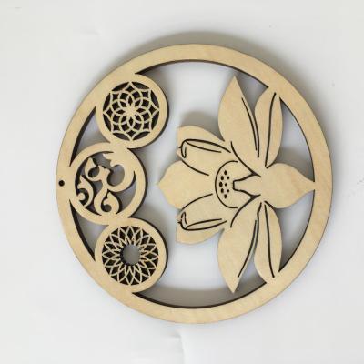 China Laser Religious Wood Cut and Laser Engraved OM Symbol with Lotus Flower Geometrical Spiritual Religious Symbol for Natural Healing for sale