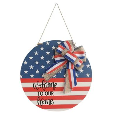 China European Independence Day Decorated Round Sign Wooden Door Decoration For 4th July for sale