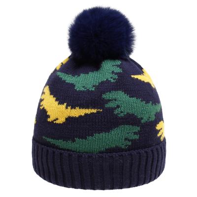 China XUFANG COMMON Kids Beanie Hats Dinosaur Jacquard Knitted Hat Winter 2021 Autumn And Winter Hats Plus Velvet Pom Pom Cap For Babies Warm for sale