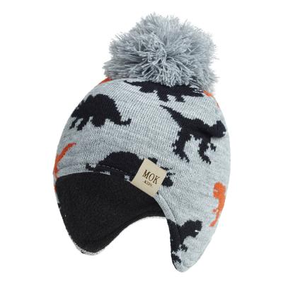 China XUFANG New Arrival Fashion Cartoon Dinosaur Jacquard Winter COMMON Hats Plus Velvet Earflap Warm Pom Pom Caps For Kids for sale