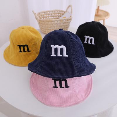 China XUFANG 2021 New Solid Color Letter M Embroidered Adjustable Winter Hats Kids Corduroy Bucket Hats Dobby Kids Hats for sale