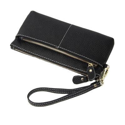 China New Simple Women's Wallet Fashion Double Zipper Purse Genuine Leather Thin Soft Bag With Handle Strap 6 Colors Custom Logo for sale