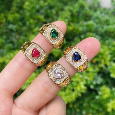 China 2021 Fashion TRENDY Gold Plated Heart Cut Crystal Cubic Zirconia Colorful CZ Diamond Wedding Engagement Ring For Women for sale