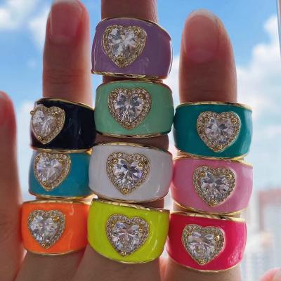 China TRENDY Center heart shaped zircon inlaid rings enamel plated brass jewelry ring lip shape simple double design finger rings for women for sale