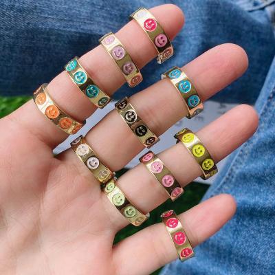 China Fashion Hot Sale Adjustable Rings Jewelry Brass Gold Mini Happy Face Pattern Rainbow Color Pave To Enamel Plated Rings For Women for sale