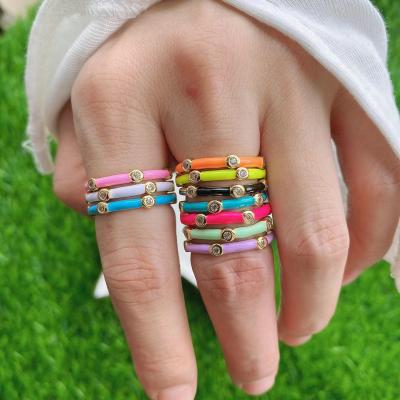 China Hot Trendy Fashionable Zircon Colorful Coated Brass Coated Brass Inlay Enamel Rings Jewelry Adjustable Rings For Women for sale