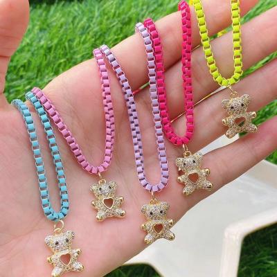 China Fashionable Tasty Diamond Micro Pave Pastel Gold Bear Enamel Box Chain Pendant Necklace For Girl Bulk Sale Brass Necklace For Summer for sale