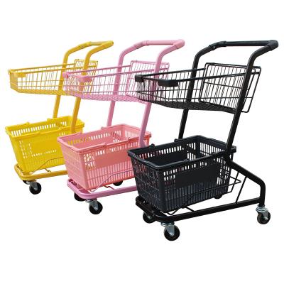 China sustainable & Antirust Grocery Supermarket 2 Tiers Shopping Trolley Carts Party Shopping Hand Push Trolley With Wheels for sale