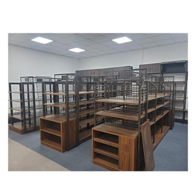 China Multifunctional Double Sided Grocery Racks Wooden Wooden Display Stand For Store for sale