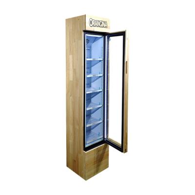 China Single-temperature Meisda 105L Height Amount Energy Drink Cooler Beverage Display Wooden Housing Upright Refrigerators for sale