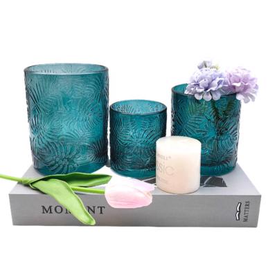 China Custom Logo New 3 Sizes Good Quality Leaf Design Cylinder Candle Durable Empty Glass Votive Candle Holder Container For Home Decoration for sale