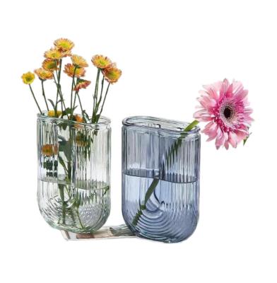 China Custom Unique Modern Glass Flower Vase Simple Design Style Blue Color Flower Clear Glass Vase for Home Decoration for Table Centerpieces for sale