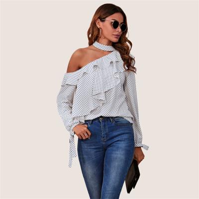 China Factory Wholesale Sexy Women's Summer Casual Women's T-shirt T-shirt Strapless Backless Polka Chiffon Anti-pilling Dot Print Ruffled Clothing for sale