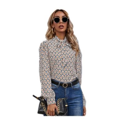 China 2021 New Arrival Breathable Shirt Women Casual Printing Blouse With Tie Neck Shirt Elegant Lady Streetwear for sale