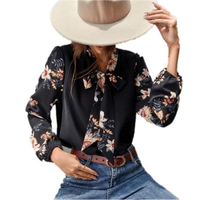 China 2021 New Arrival Women's Breathable Blouse Shirt Women's Long Sleeve Floral V-Neck Sleeve Office Ladies Casual Knitted Tops for sale