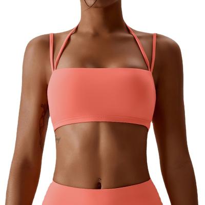 China Custom Logo Yoga Halter Neck Bra Yoga Bra Backless Fitness Sports Bra Seamless Top Wholesale Breathable Yoga Backless Top for sale