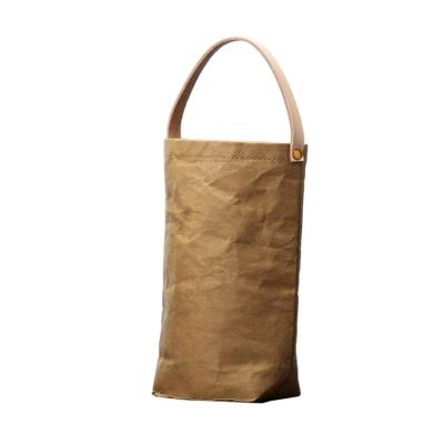 China Waterproof Green Field Custom Design Washable Kraft Paper Wine Bottle Bag Bottle Carry Bags With Handle for sale