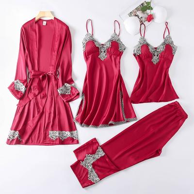 China Wholesale Elegant QUICK DRY Sexy Women's 4 Piece Satin Nightgown Silk Deep V Neck Nightgown Sleepwear for sale