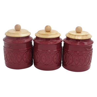 China Wholesale ebay modern hot sale handmade embossed logo simple white red glazed ceramic jar of 3 stoneware spice storage canister condiments with wooden lid for sale