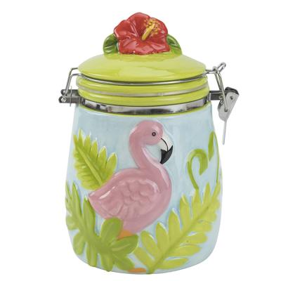 China Wholesale ebay sale logo white flamingo design simple modern warm hand painted food storage handmade embossed airtight ceramic jar with ceramic lid for sale