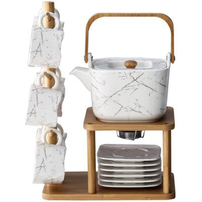 China Sustainable Japan Style Afternoon Wood Stand With Tealight Ceramic Teacup Teapot Set With Heater Warmer for sale