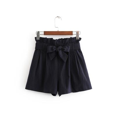 China Breathable 2019 Wholesale Apparel Tie Bow Black Pull-on Ladies Canvas Shorts for sale