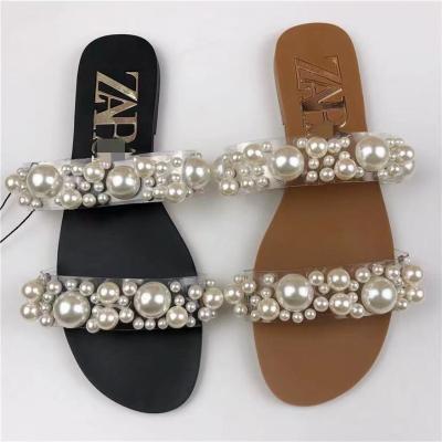 China New Women's Slippers Summer Lightweight Beading Embellished Sheer Sandals Flat Sandals for sale