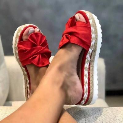 China 2022 Fashion Trend Slope Heel Women's Sandals Bowknot Thick-soled Hemp Rope Plus Size Women's Slippers for sale