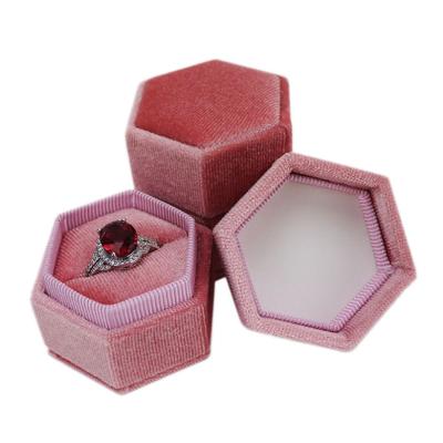 China Velvet Wholesale Custom Logo Hexagon Wedding Ring Box Velvet Jewelry Packaging Box for sale