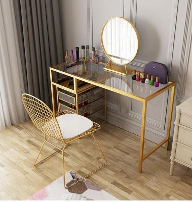 China Nordic modern luxury simple gold metal glass vanity makeup dresser dressing table set for bedroom for sale