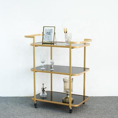 China Eco-friendly Modern Luxury 3 Tier Gold Metal Tempered Glass Hotel Serving Bar Cart for sale