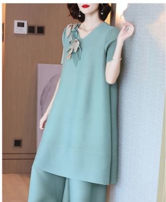 China QUICK DRY pleated suit plus size top long leg cheap high quality wide leg pants sets newcomer 2022 for sale