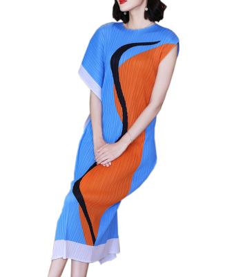 China Custom Breathable Style Asymmetric Sleeve Pleated Straight Slim Casual Dress Summer Maxi Dress Skirt Dress for sale