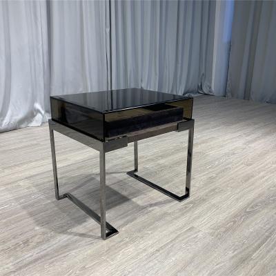 China Italian luxury black glass bedroom side table living room brand black night glass stand with drawer for sale