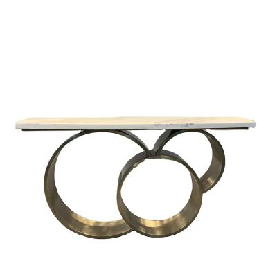 China Hot sale special steel base lobby gold stainless steel console table plexiglass luxury white marble top console table for sale