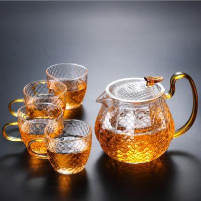 China Sustainable Heat Resistant Hoop Style Borosilicate Glass Teapot Set With 4 Pieces Of Glass Cup for sale