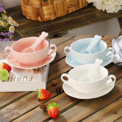 China Custom Stocked Logo Print Double Ears Embossed Bone China Ceramic Salad Bowl Dish Set for sale