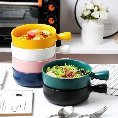 China Multifunctional Stored Oven Microwave Safe Ceramic Salad Fruit Noodles Baking Bowls With Side Handle for sale