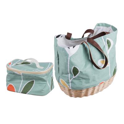 China Chinese Cotton Fabric Supplier Hand Weaving Natural Wicker Picnic Basket Handbag With Pull Rope for sale