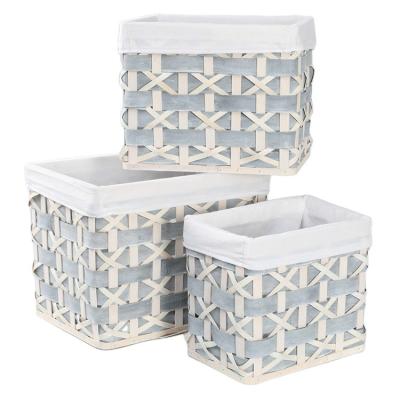 China Sustainable Handmade White Household Basket Storage Basket Wooden Woven Wood Chip Basket With Liner for sale