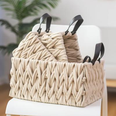 China Customized Cotton Rope Woven Storage Basket Box Trash Bin With Leather Handle for sale