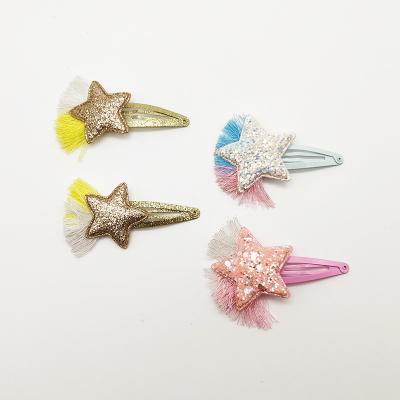 China Fashionable korean star shape hair clip tassel 2021 snap iron+star pu+ glitter hair clip with tassel for kids and girls for sale