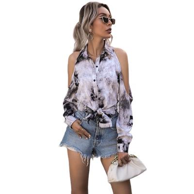 China Anti-pilling 2022 fall tops for women wholesale tie dye ruched shirts slim tight crop tops blouse with long sleeve for sale