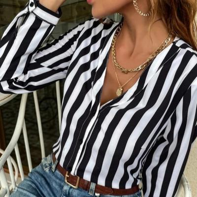 China Autumn Stripe Deep V Sexy Casual Loose Breathable Office Shirt Autumn Striped Shirt New Women's Long Sleeve Shirt for sale