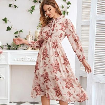 China Summer Anti-Static Women's Vacation Style Fashion Chiffon V-Neck Flared Sleeve Long Dresses Printed Lace Casual Dresses for sale