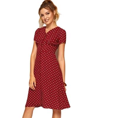 China Fashion Polka Dot Single Breasted Buttons Up Sleeve V-Neck Fashion Summer Short Dress Breathable for sale