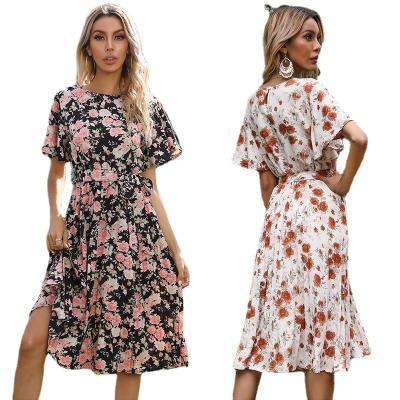 China Anti-Static Clothing Samples Fashion Boho Belt Dresses Summer Ruffle Sleeve Floral Print Elegant Dress For Women for sale