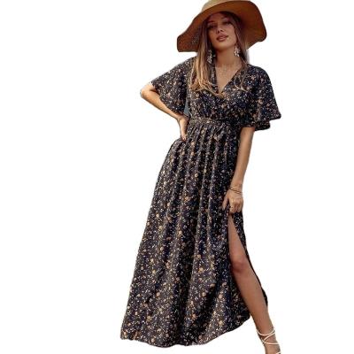 China Vintage Anti-Static European Dress Floral Casual Dresses Lace Up Maxi Dress for sale